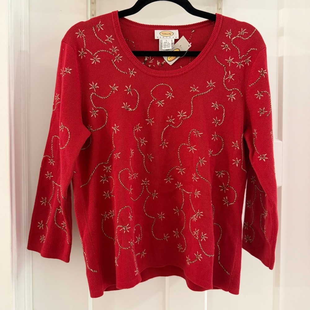 Vintage Talbots Red Cotton Embroidered Floral‎ Vine Sweater NWT PL Boho Grandma
